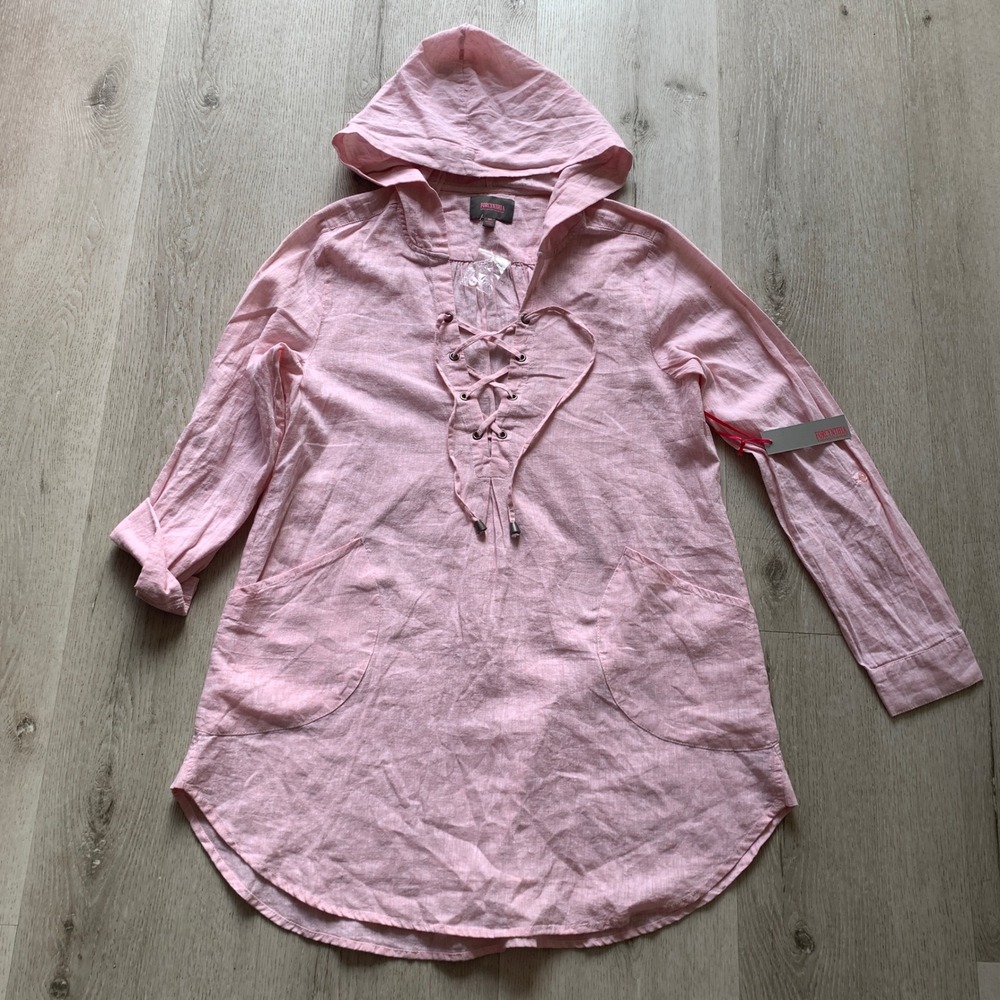 ForCynthia Beachwear Pink‎ Linen Blend Hooded Lace-Up Tunic Swim Cover-Up Sz M